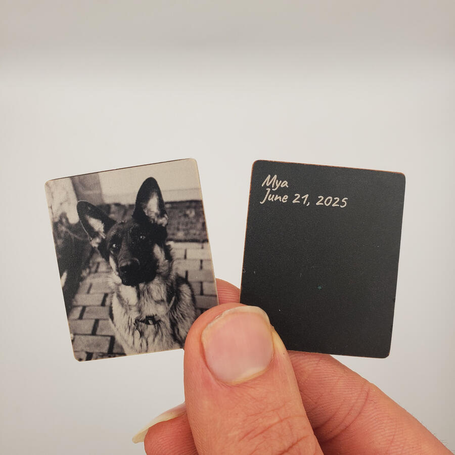 Untitled Laser-engraved pet memorial key chain on anodized aluminum.