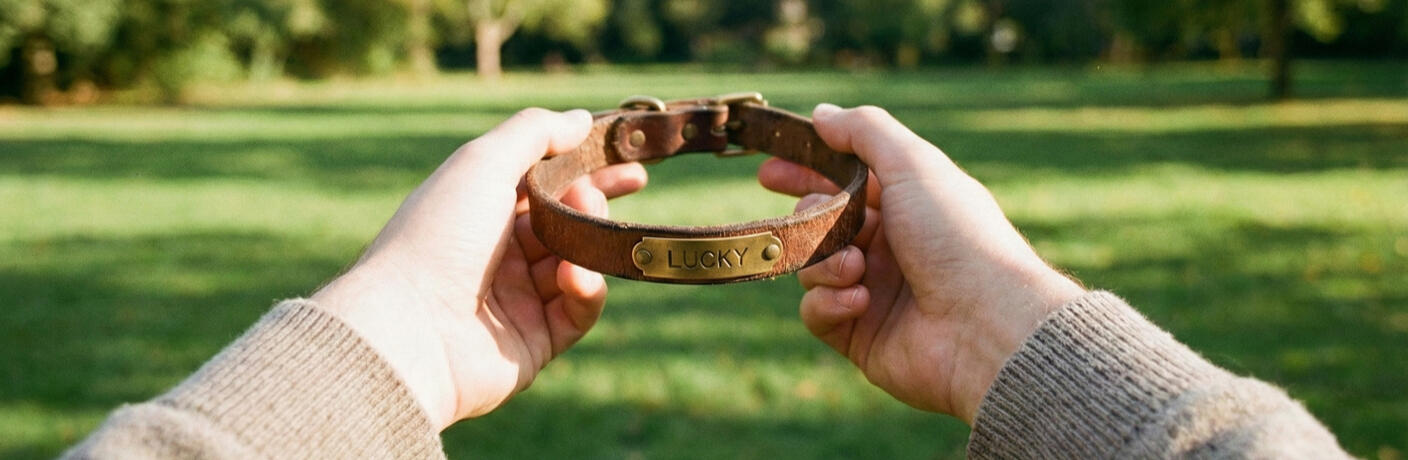 A picture of a persons hands holding a leather pet collar with the name "LUCKY" written on the brass plate attached to it.